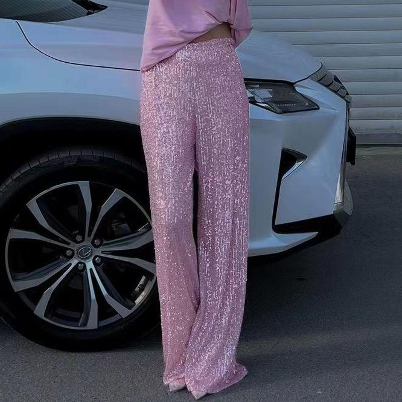 

Fashion Wind Pure Color Sequin Fashion Casual Straight Pants Sequin Casual Straight Leg Pants Pink pants S