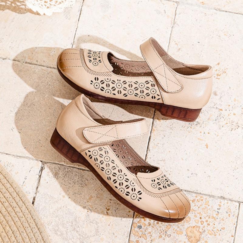 Johnature Genuine Leather Soft Soled Sandals Shallow Breathable Casual Hollow-out Women's Shoes
