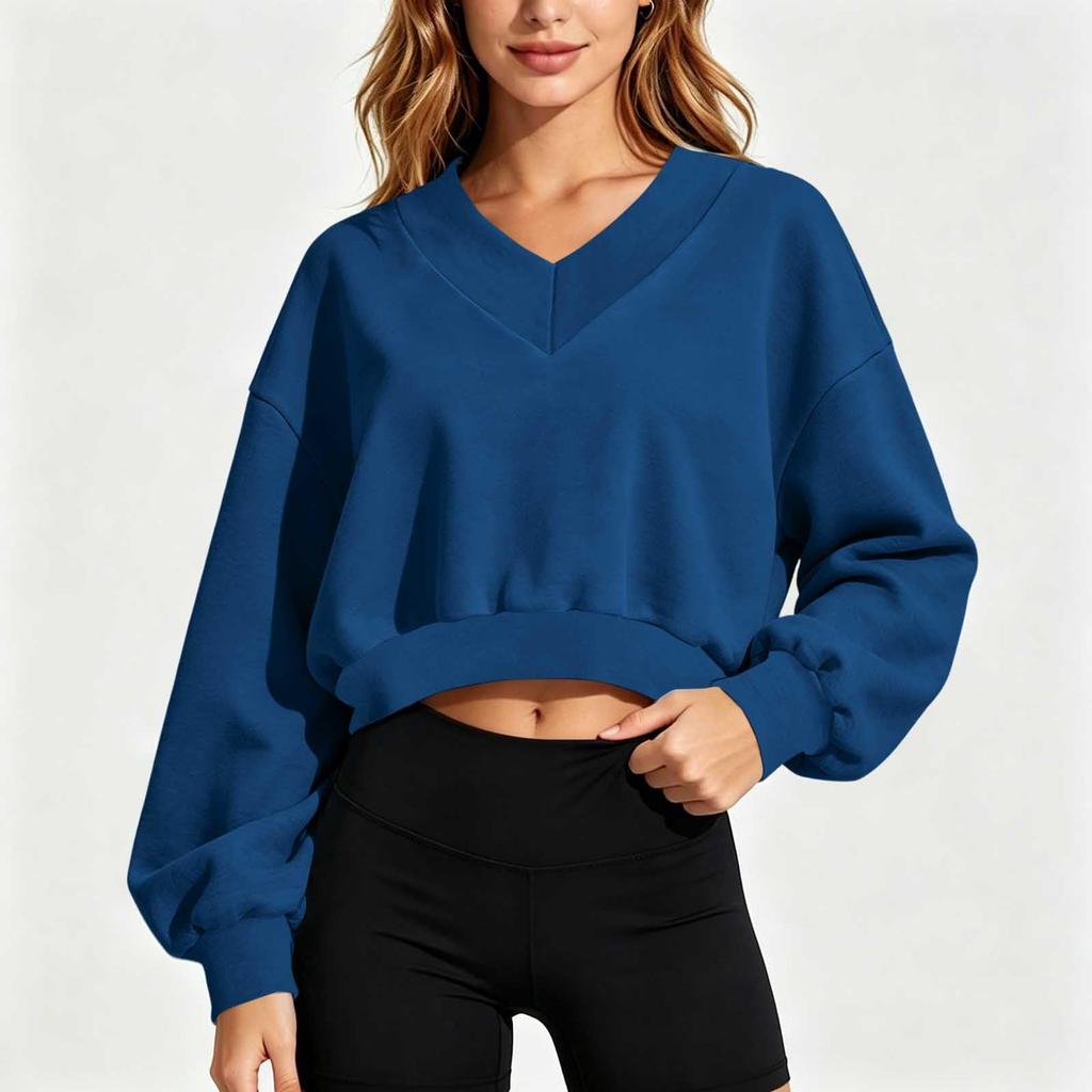 Women's Casual V Neck Long Sleeve Cropped Sweatshirt for Everyday Wear