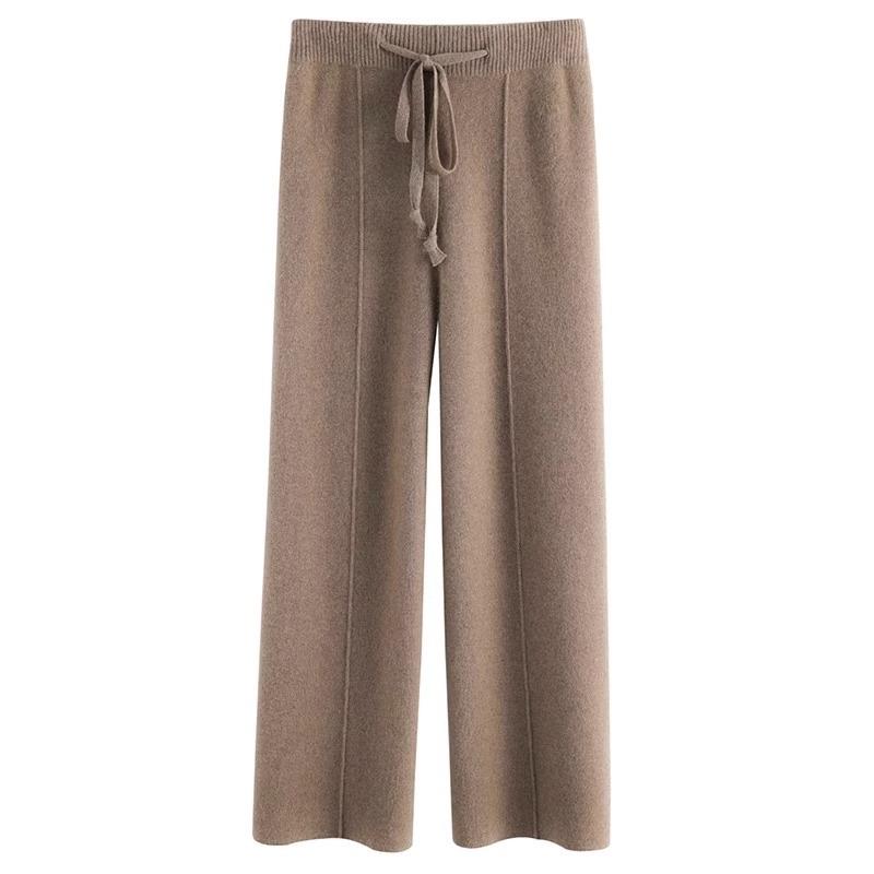 Mode Automne Hiver Taille Haute Cordon de Serrage Pantalon Femme Laine Fine Automne et Hiver Tricoté Droit Décontracté Pantalon Long Élégant Pantalon Ample 2367