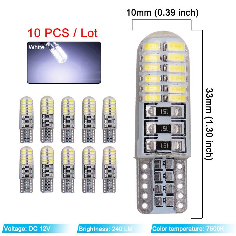 

10x T10 W5W Car LED Signal bulb Interior Light 12V Super Bright Auto Reading Light License Plate Wedge Side Lamp Strobe 24SMD білий