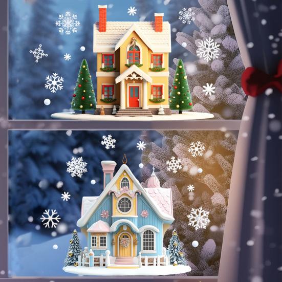 Christmas Double House Window Cling Removable Waterproof PVC Merry Christmas Winter Cabin Static Glass Sticker Holiday Party Decoration Decal