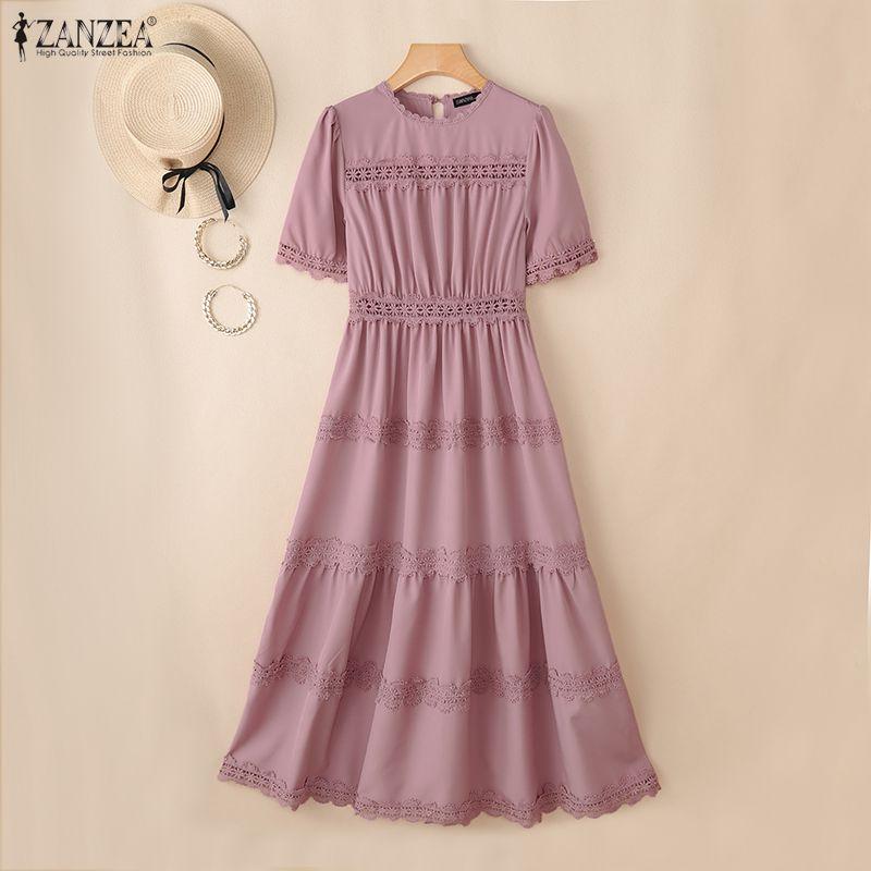 ZANZEA Women Elegant Round Neck Summer Casual Short Sleeve Long Dress