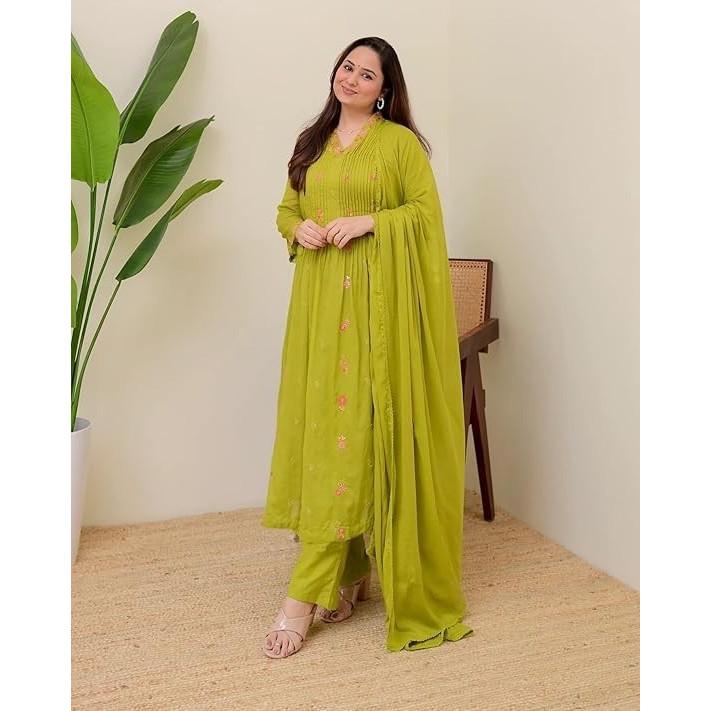 Women Embroidery Anarkali Kurta Pant with Dupatta Indian Bollywood Ethnic Suit