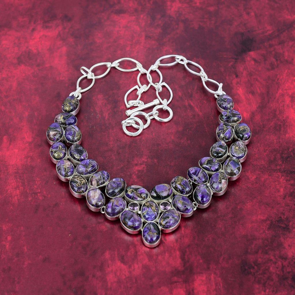 Měděný náhrdelník s charoitem a drahokamem, šperky z masivního sterlingového stříbra 925, nastavitelný ručně vyráběný řetízkový náhrdelník, dárek pro manželku