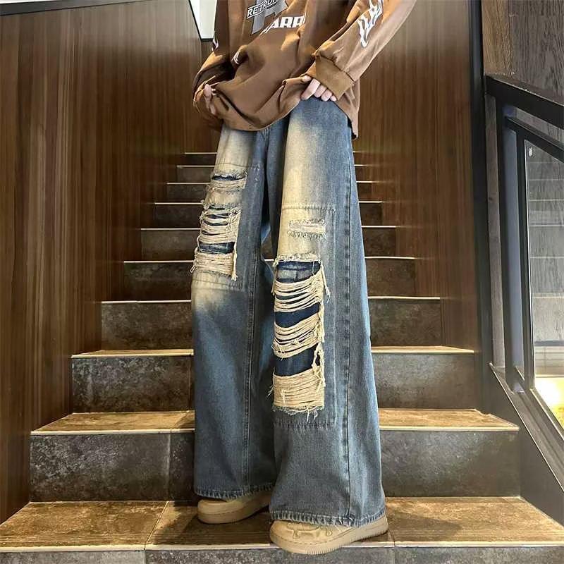 Men's Retro Wide-Leg Ripped Jeans: Spring/Autumn, High Street Casual Trousers