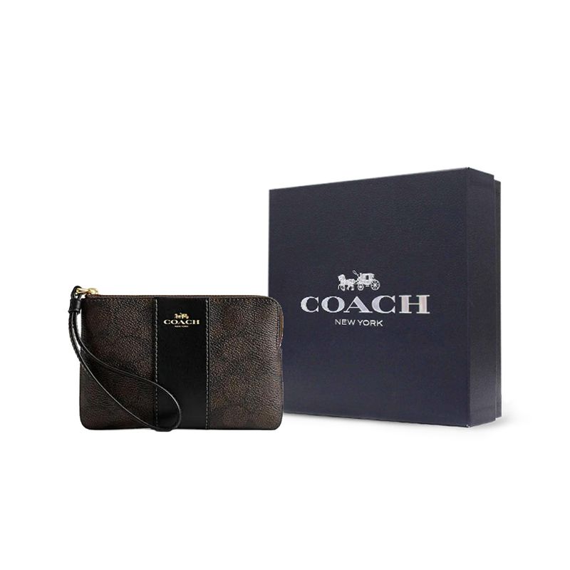 Coach Eckreißverschluss 16 Logo Reißverschluss Handgelenktasche Damen Handgelenktasche Walnuss Schwarz CW854-IMXAQ