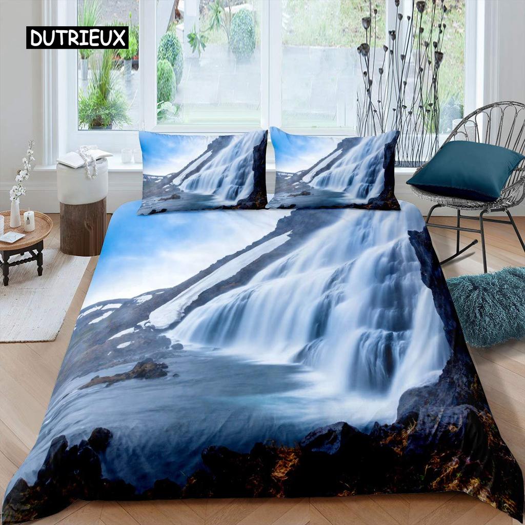 3D Waterfall Duvet Cover Set King Size Microfiber Botanical Floral Trees Pattern Bedding Set Purple Dream Theme Comforter Cover