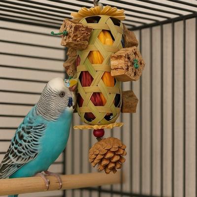 Bite Resistant Pet Bird Chew Toy Hanging Colorful Cornhusk Pinecone Toy Bamboo Woven Teeth Grinding Toy for Parakeets