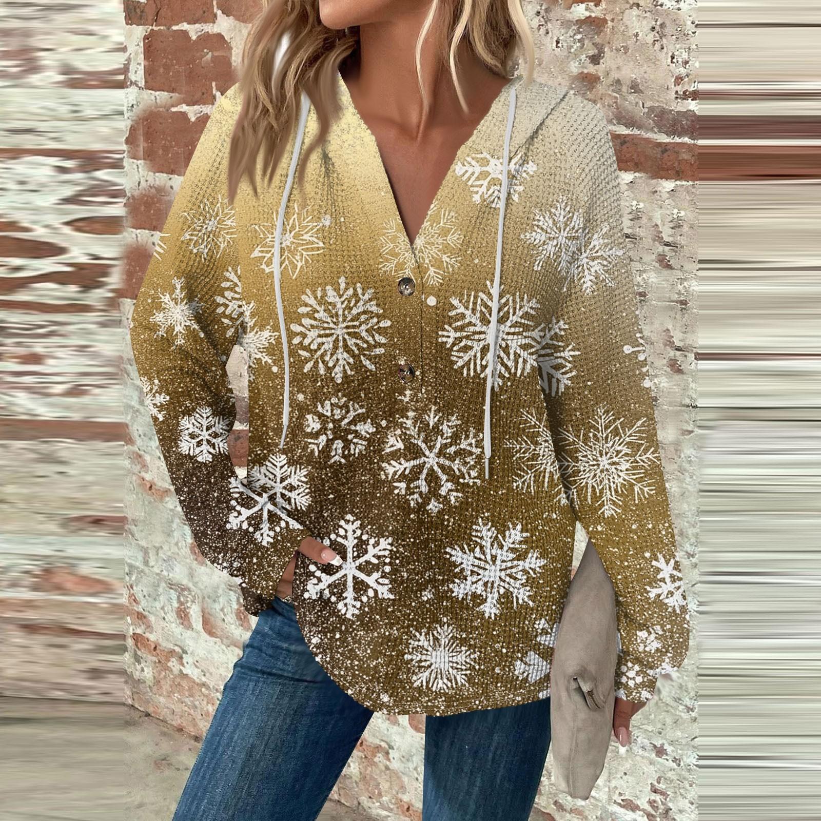 

Жіночий повсякденний топ з довгими рукавами, V-подібним вирізом та капюшоном на ґудзиках, різдвяний принт XXXL золотий
