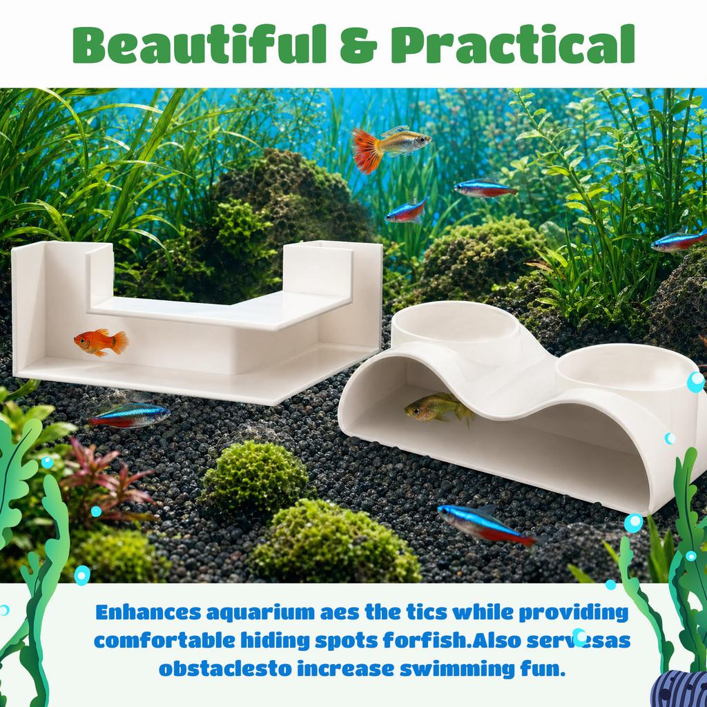 2Pcs Aquarium Underground Tunnel Hideaway Cave Plastic Double Hole L Shape Fish Tank Viewing Hideout Shelter Breeding Cave