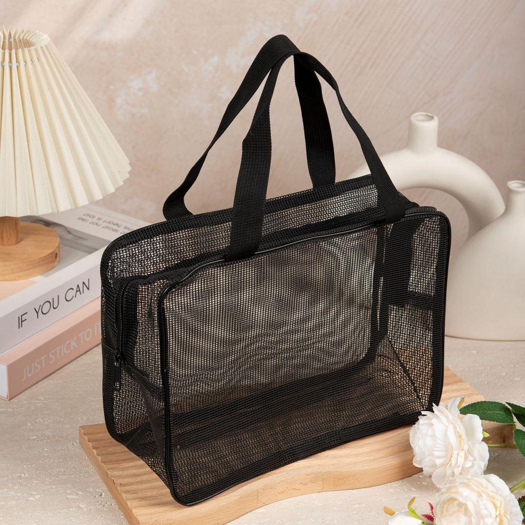 Portable Black Leak-Proof Mesh Bag for Bath, Gym, and Storage - Unisex Shower and Makeup Toiletries Bag