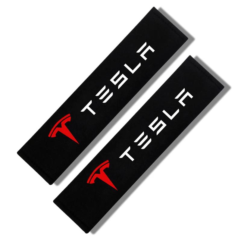 2pcs Car Seat Belt Covers Soft cotton Car Shoulder Pad printed logo For Tesla model 3 model X Y style Roadster Car Accessories