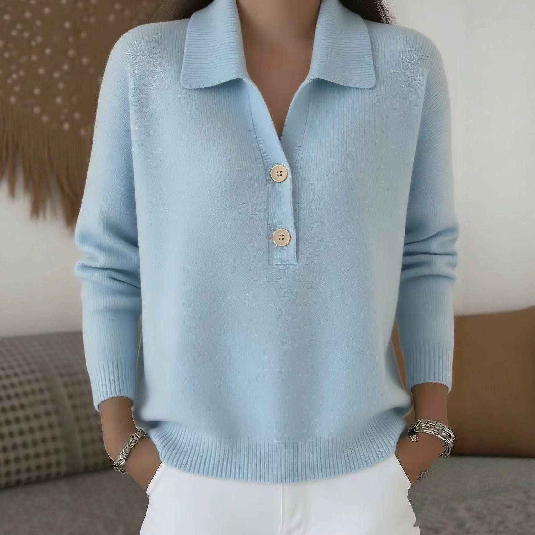 Women Polo Collar Long Sleeve Sweater Solid Color Casual Loose Fit Knit Top S