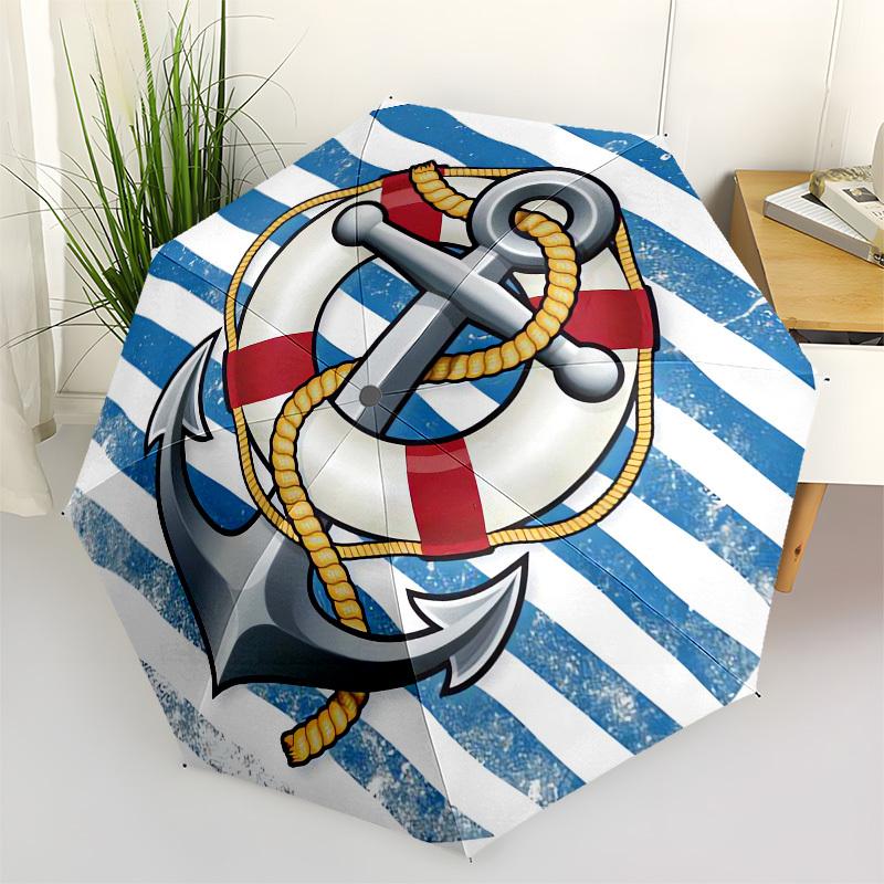 1pc Nautical Anchor Lifebuoy Umbrella with Plastic Handle,Suitable for All Seasons UmbrellaPT502