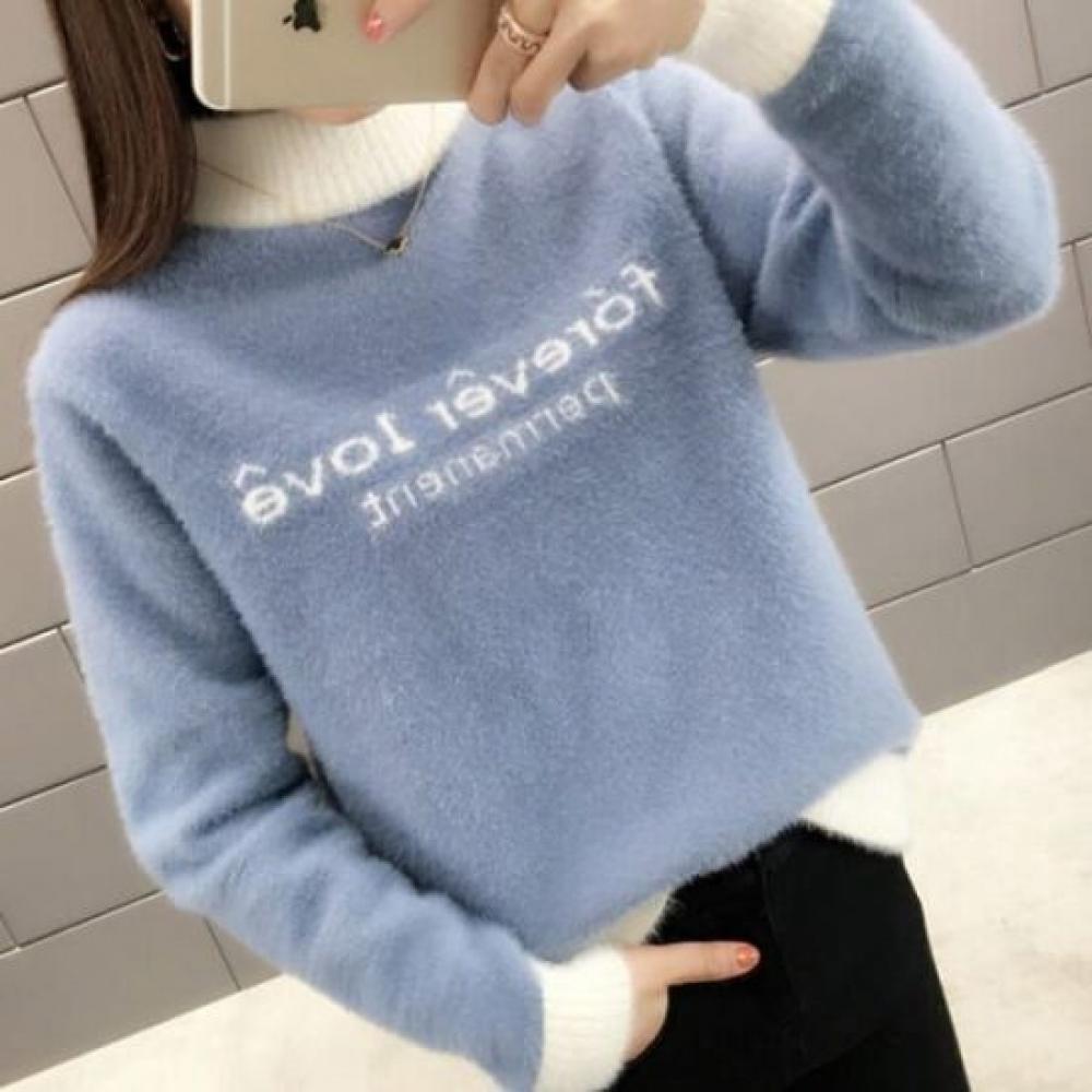 Navava Mock Neck Warm LeTTering Color Block Angora Long Sleeve KniT T shirT Nk
