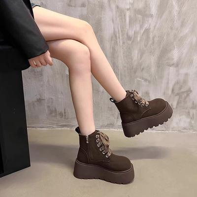 Fashion AJGS Women's Platform Single Boots Round Head Suede Front Lace-up Anti-slip Wear-resistant Slope Heel Ankle Boots for Women
