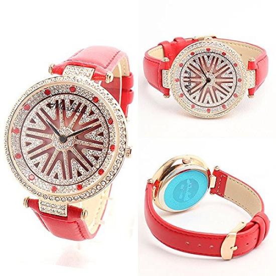 Spinner watch with rotating Citizen MIYOTA leather wristwatch dial, movement, strap, RT001-DPK, women's