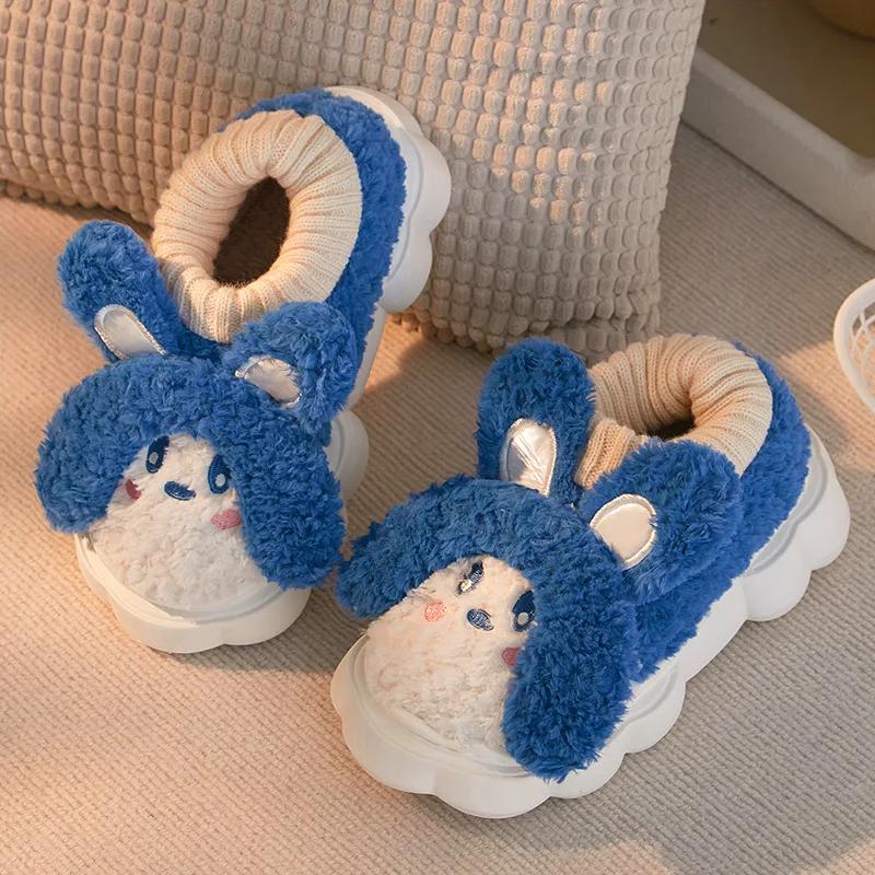 Fashion Women Cute Rabbit Cartoon Plush Novelty Slippers Closed Toe Furry Soft Sole Slip On Shoes Winter Warm Fuzzy Home Slippers