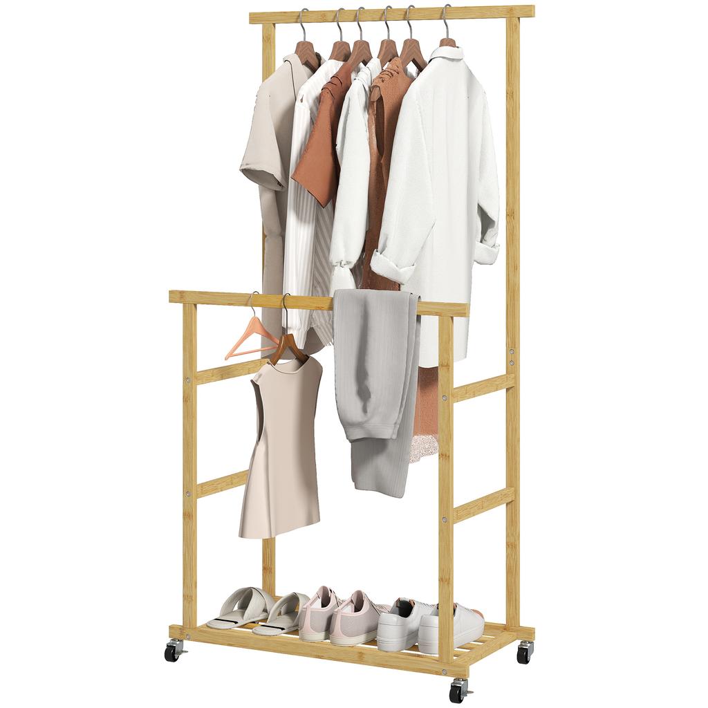 Clothes Rack with Casters, Coat Rack with Clothing Rail, Shoe Shelf, Made of Bamboo, 80 X 40 X 160 Cm, Natural