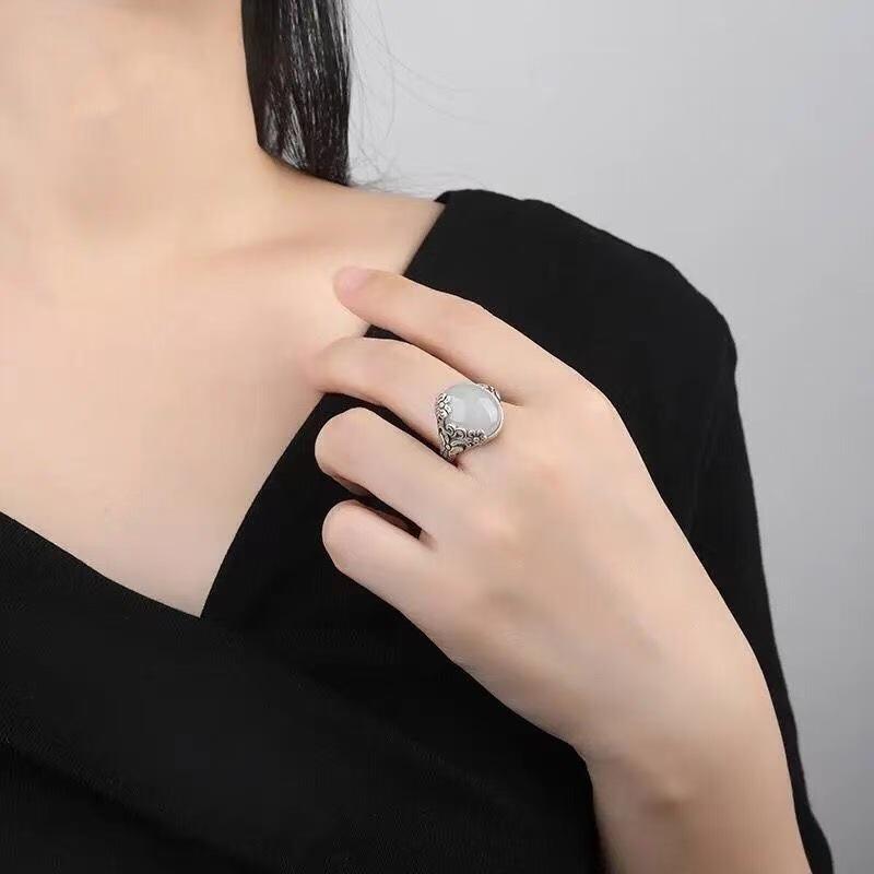 Retro Silver Butterfly & Flower Ring for Women - Hetian Jade Inspired Luxury Open Index Finger Design