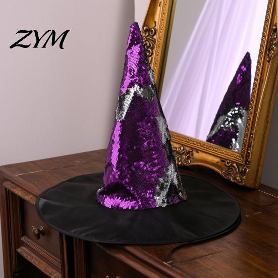 Sparkly Sequin Witch Hat Reversible Hat, Glitter Large Wizard Unique Costume Halloween Party for Cosplay, Masquerade Color Changing