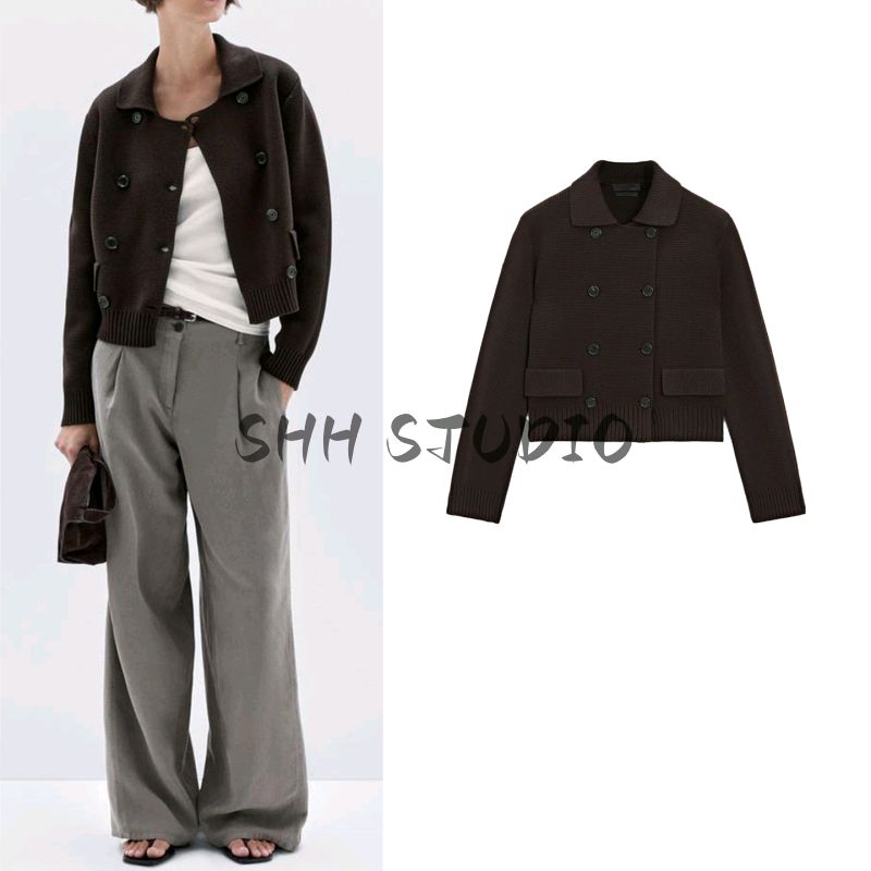 MD Fall Women's Clothing Casual Plain British Style Cotton Blend Double Breasted Lapel Knitting Cardigan 5659575