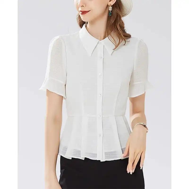 

Women s Button Down Blouse Short Ruffle Sleeve Peplum Hem Chiffon Office Casual Top S