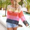 Women Crochet Hollow Out Cover Up Long Sleeve Color Block Crew Neck Beach Bikini Swimsuit Mesh Top Pink XL