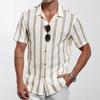 Men Vertical Stripe Hollow Out Cuban Collar Short Sleeve Loose Casual Button Down Shirt