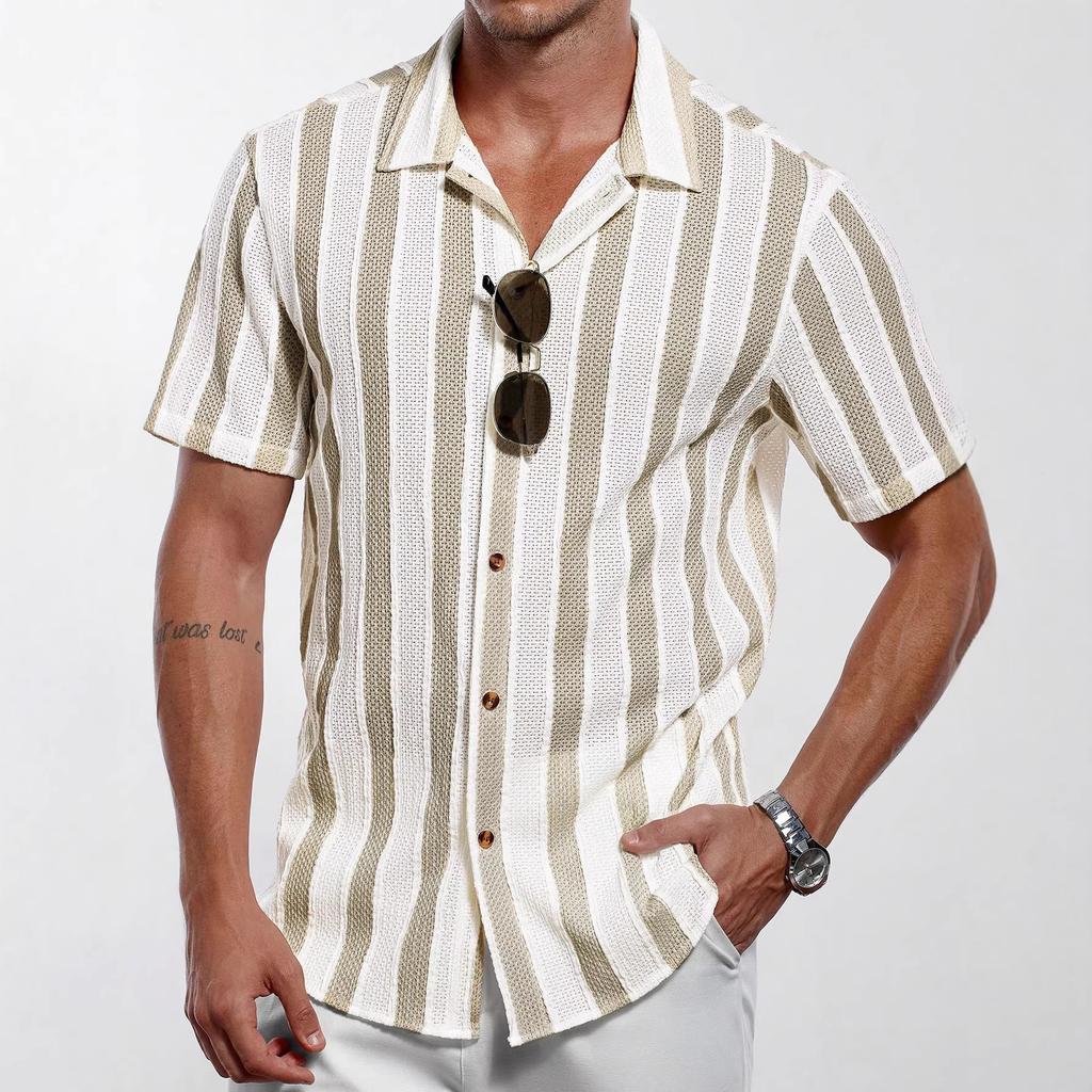 Men Vertical Stripe Hollow Out Cuban Collar Short Sleeve Loose Casual Button Down Shirt
