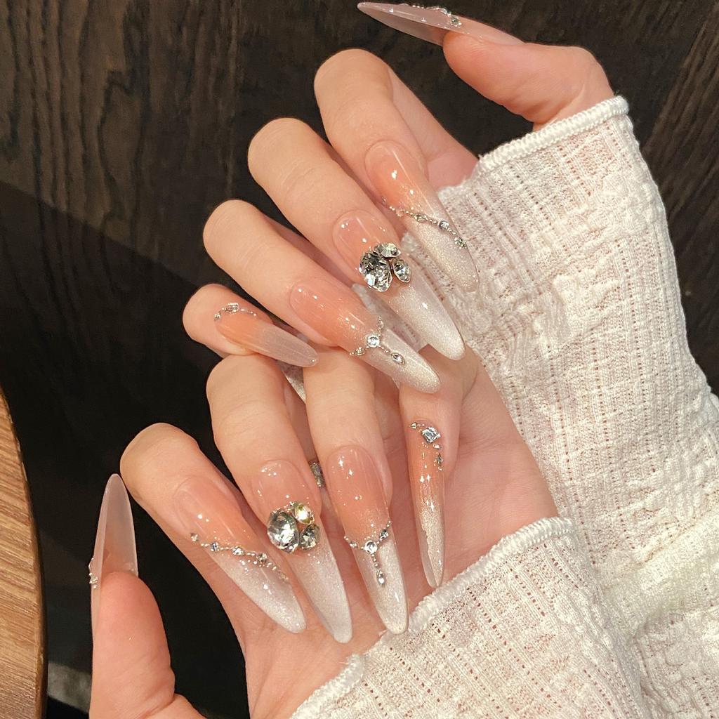 10Pcs Fake Nails Pointed Stiletto Cat Eye Gel Nail Tips for Women, Handmade False Nails with Gradient Pink Peach Design