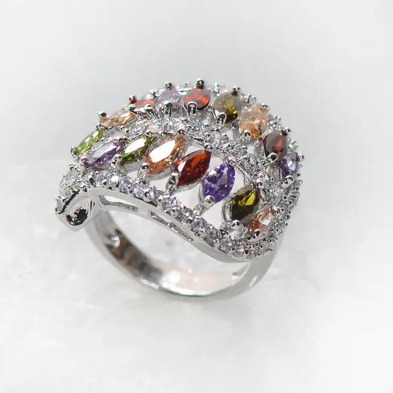 Huitan Women Leaf Shaped Rings with Marquise Colorful Cubic Zirconia CopperColor Fancy Daily Party Female Rings Trendy Jewelry