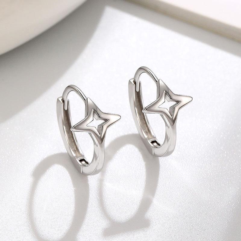 Unisex Stacked Star Hoop Earrings - Japanese & Korean Style, Versatile Daily Wear, Hollow Four-Pointed Star Ear Cuffs