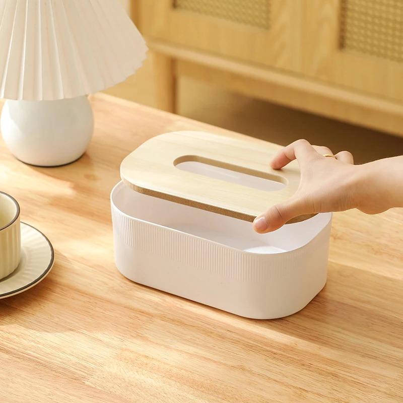 Plastic Tissue Box With Wooden Cover Nordic Simplicity Style Desktop Napkin Box Living Room Bathroom Toilet Square Tissue Box