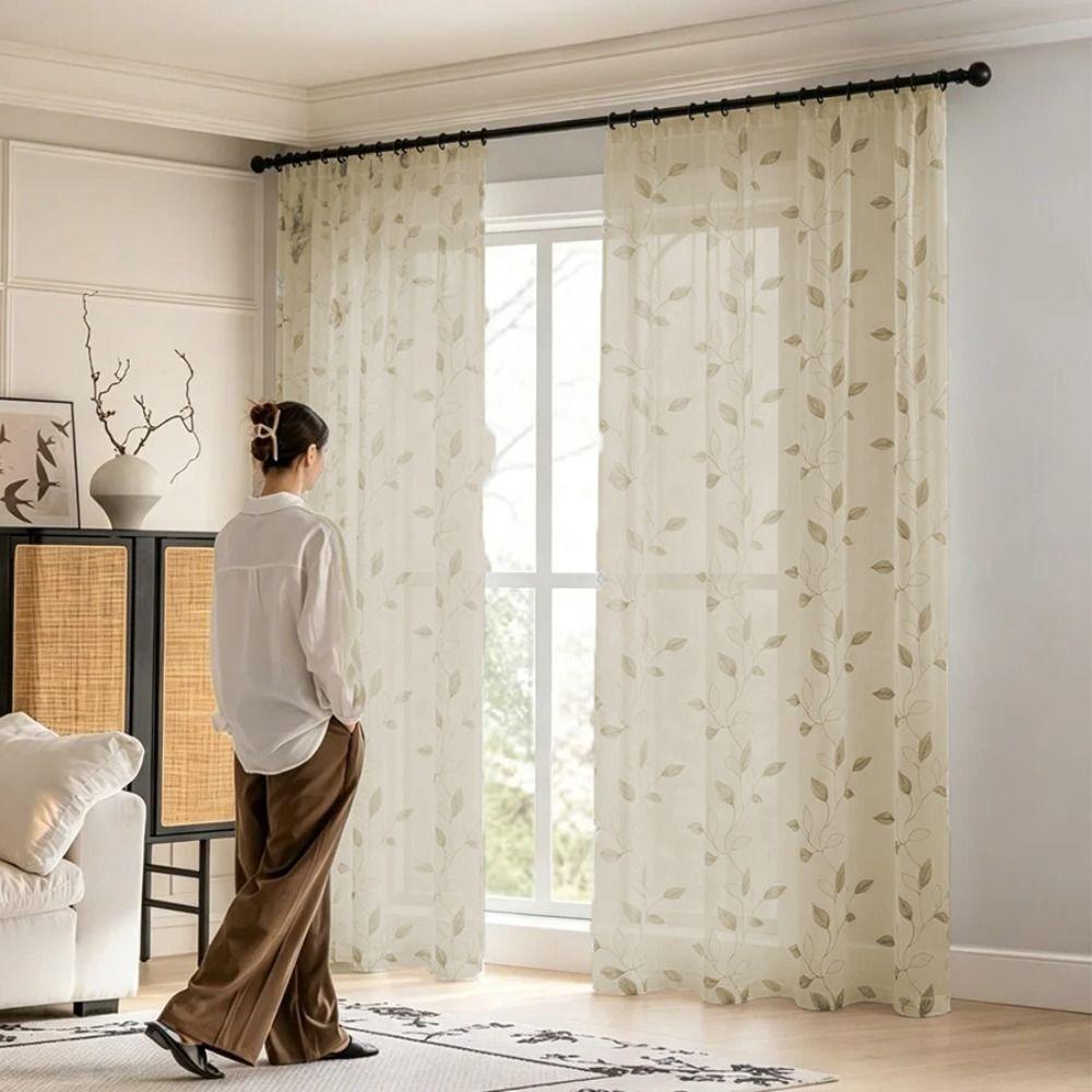 2PCS Semi-Transparent Embroidered Leaf Window Thin Curtain Through-shaft Type Soft Window Sheer Washable Modern Style