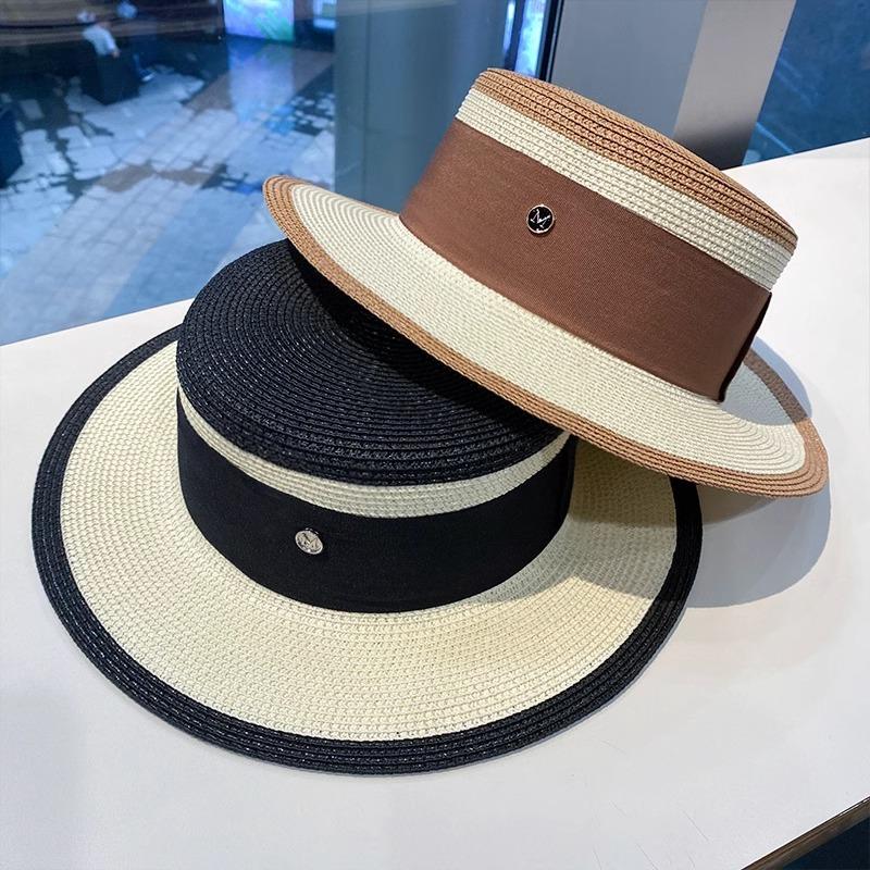 Niche Chic Flat Top Straw Hat Women's Summer Versatile Big Brim Sun Hat British Retro M Standard Top Hat