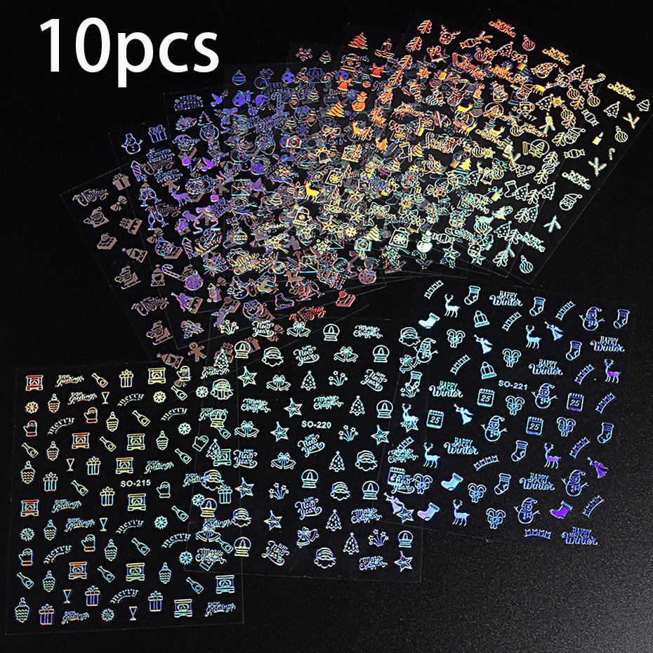 

10 шт. 3D лазерные наклейки для ногтей Европейская и американская рождественская серия Снежинки Колокольчики Лось Сотни украшений для ногтей Pack of 10