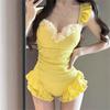 Costume da bagno intero da donna a tinta unita dolce vestibilità attillata sexy alto valore estetico fiore tridimensionale vacanza