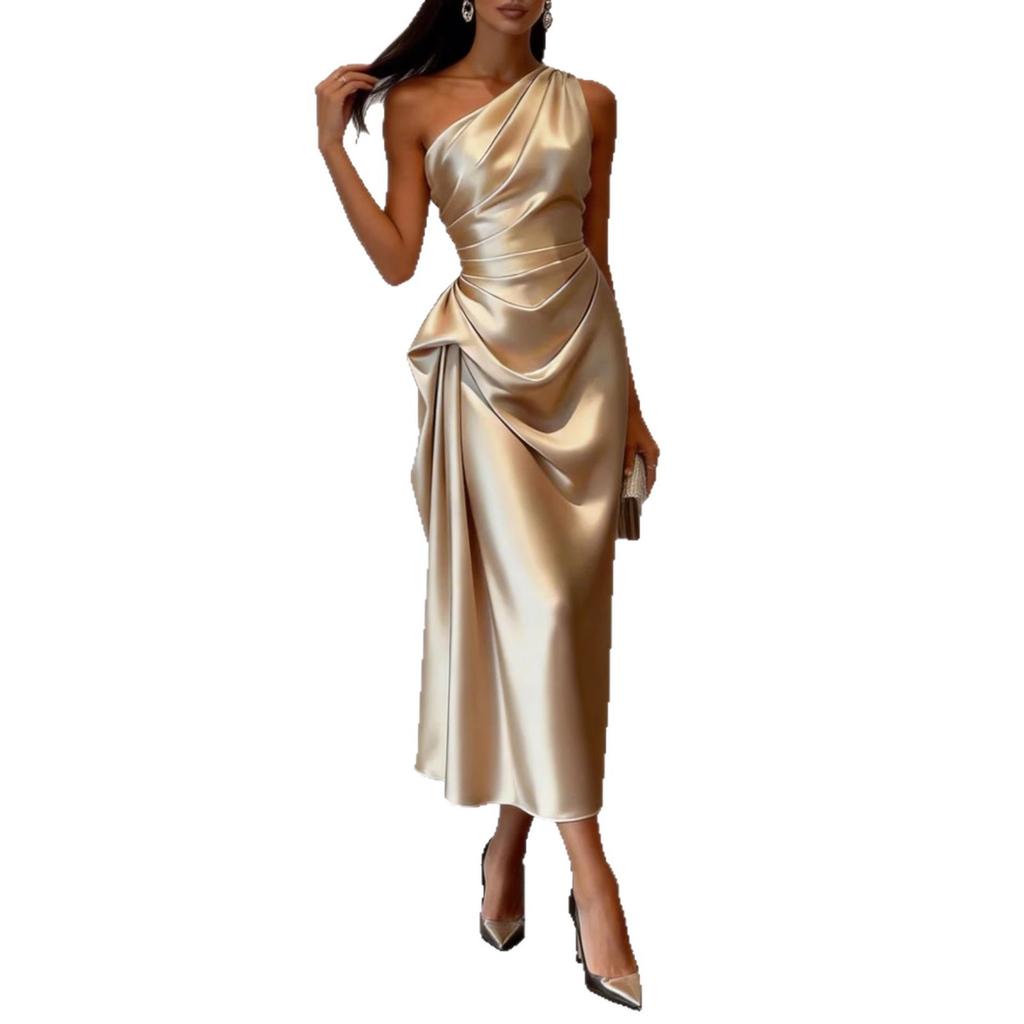 New Sleeveless Slanted Shoulder Medium and Long Dress Elegant Women's Summer High-end Skirt European and American