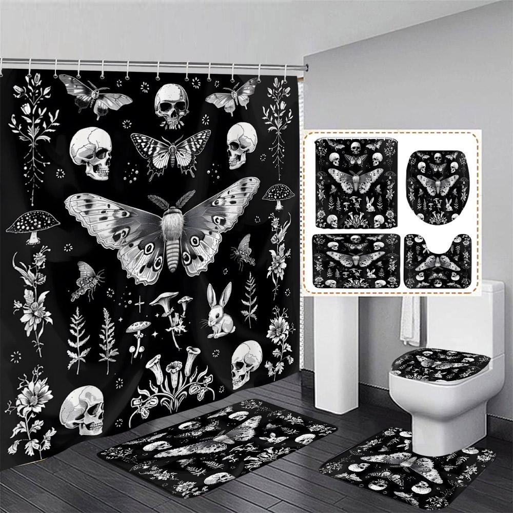 Floral Skull Shower Curtain Set Butterfly Moth Pink Mushroom Flower Skeleton Halloween Home Bathroom Decor Bath Mat Toilet Cover