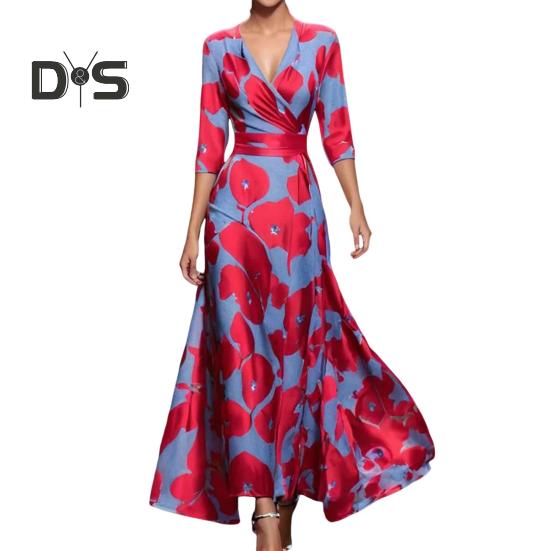 

Платье макси осень-весна с V-образным вырезом, рукавами три четверти, цветным принтом, А-силуэта, с широкими качелями, с узкой талией, для свиданий, шопинга, банкета, длинное платье M красный