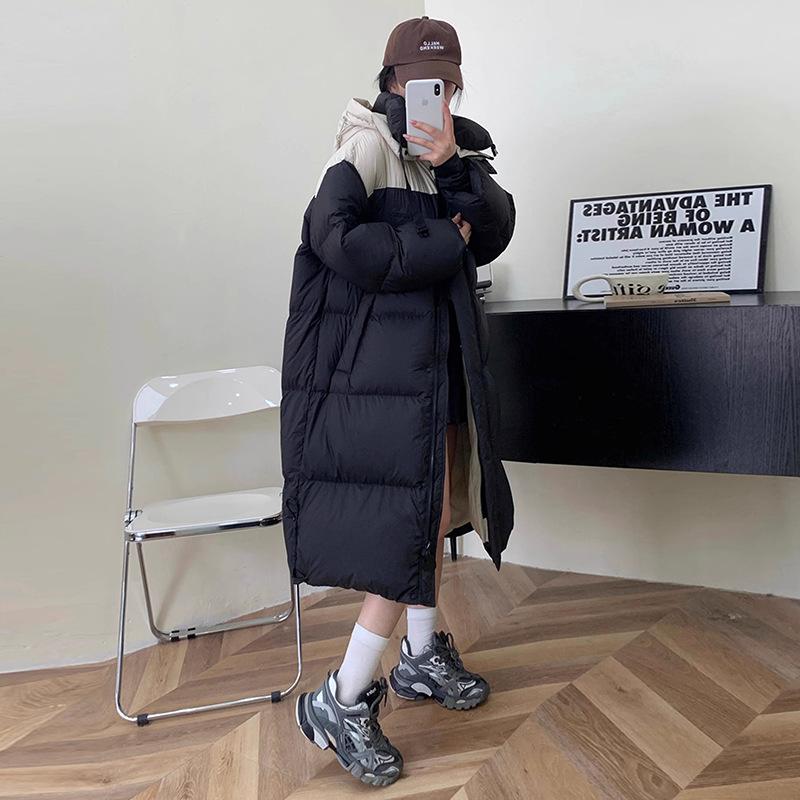 High-End lange Daunenjacke Damen 2024 Winter neue Mode Kontrastfarben locker warm über dem Knie Liebespaar