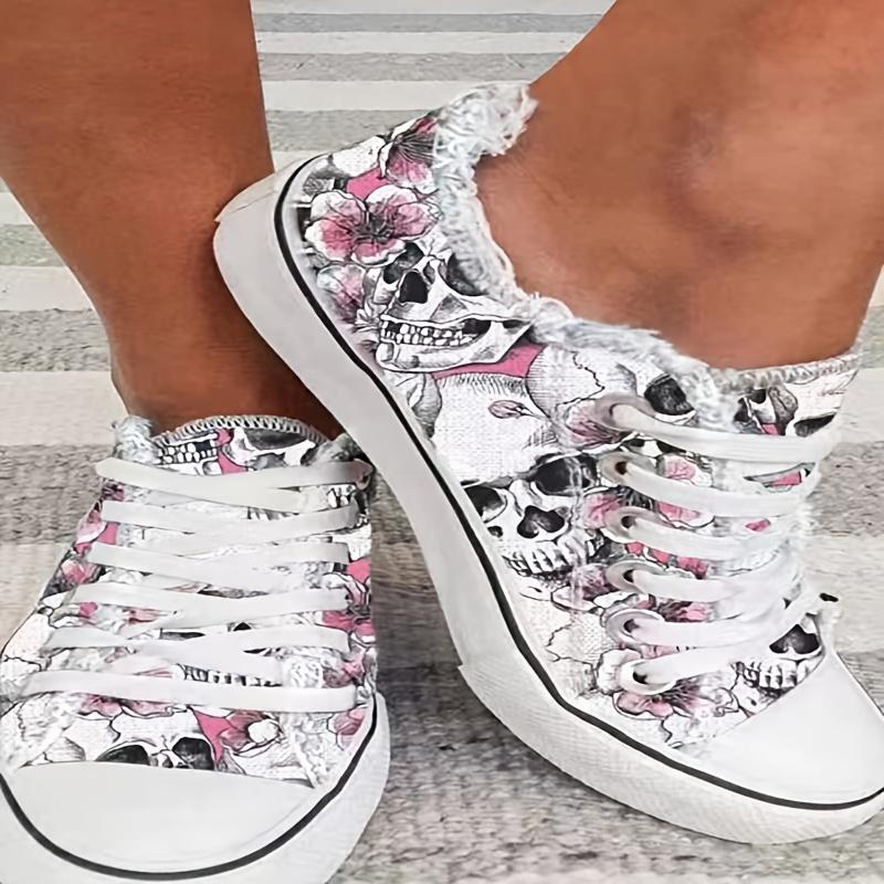 European and American Foreign Trade Large Size Halloween Skull 3D Print Low Top Lace-up Casual Flat Shoes for Women