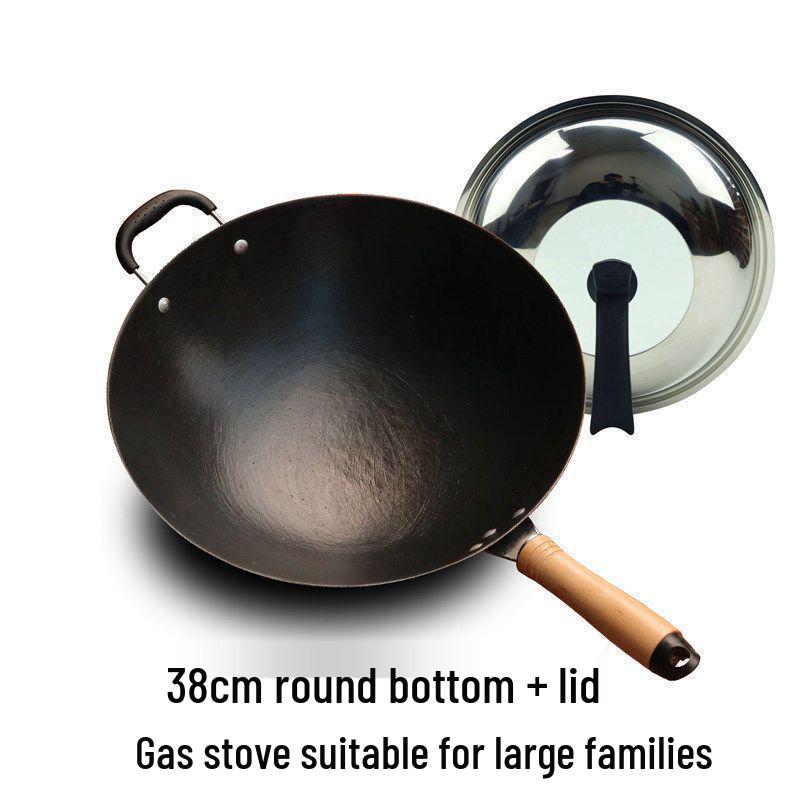 Vintage Uncoated Cast Iron Flat-Bottom Non-Stick Wok, Compatible with Induction & Gas Stoves, Ideal for Rural Household Stir-Fry.