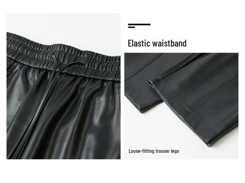 2025 Autumn/Winter Women's High Waist Leather Pants - Stylish Wide-Leg, Loose-Fit, Elastic Drape Trousers