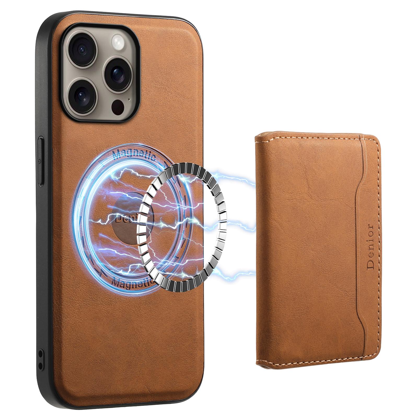 

DENIOR D13 For iPhone 16 Pro Max Magnetic Case Leather Phone Back Cover Card Holder Brown