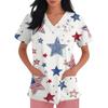 Women's Fashionable V-Neck Short-Sleeved Work Top With Pockets And Independence Day Print  Uniform