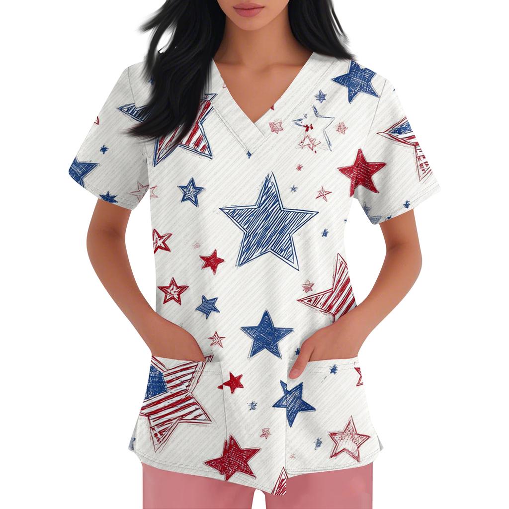 Women's Fashionable V-Neck Short-Sleeved Work Top With Pockets And Independence Day Print  Uniform
