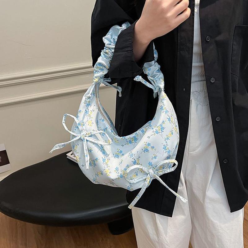 Ditsy Floral Bow Women Crossbody Shoulder Bag,Pleated Canvas Underarm Tote Bag,Petite Floral Print Sweet Handbag,Large Capacity